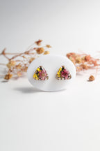 Triangle Shaped Inlaid himalayan daisy (mauve) and Queen Anne’s Lace (yellow) Dry flowers Pendant Set