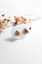 Triangle Shaped Inlaid himalayan daisy (mauve) and Queen Anne’s Lace (yellow) Dry flowers Pendant Set