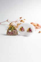 Triangle Shaped Inlaid himalayan daisy (mauve) and Queen Anne’s Lace (yellow) Dry flowers Pendant Set