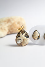 Drop Shaped Inlaid starfish and seashell Pendant Set (Black Base)