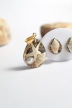 Drop Shaped Inlaid starfish and seashell Pendant Set (Black Base)