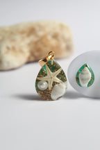 Drop Shaped Inlaid starfish and seashell Pendant Set (Aqua Green Base)