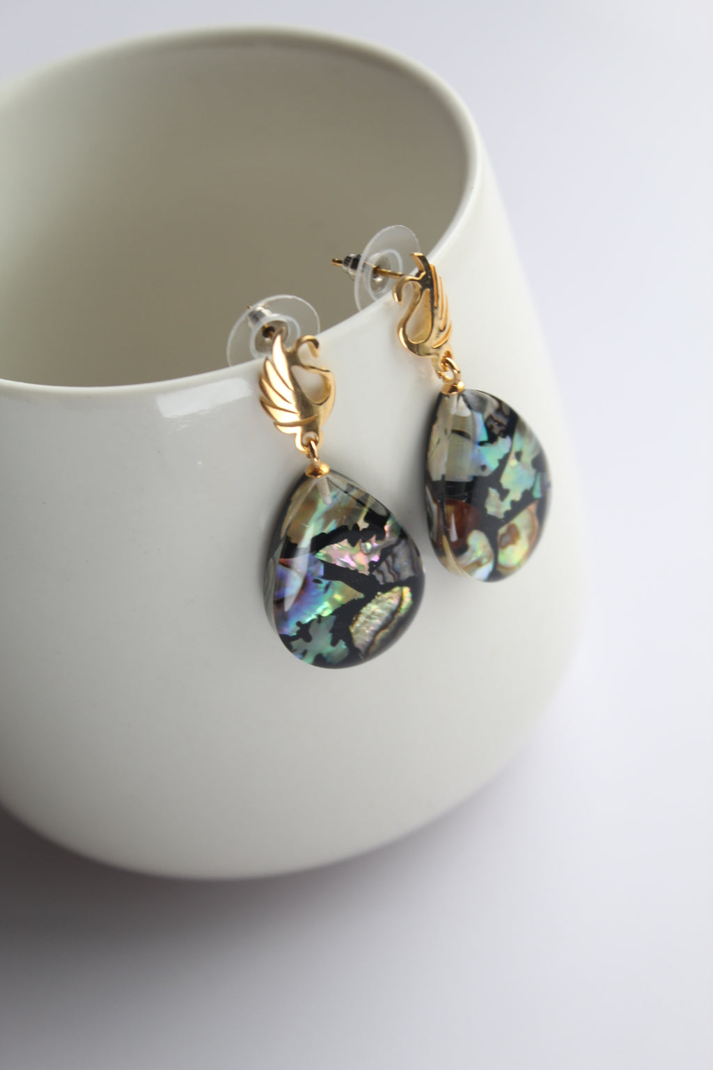 Water Drop Shaped Inlaid Abalone Shell (Brownish and Mottled Green) Earring #001