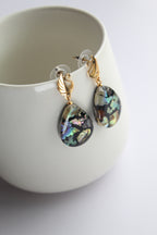 Water Drop Shaped Inlaid Abalone Shell (Brownish and Mottled Green) Earring #001
