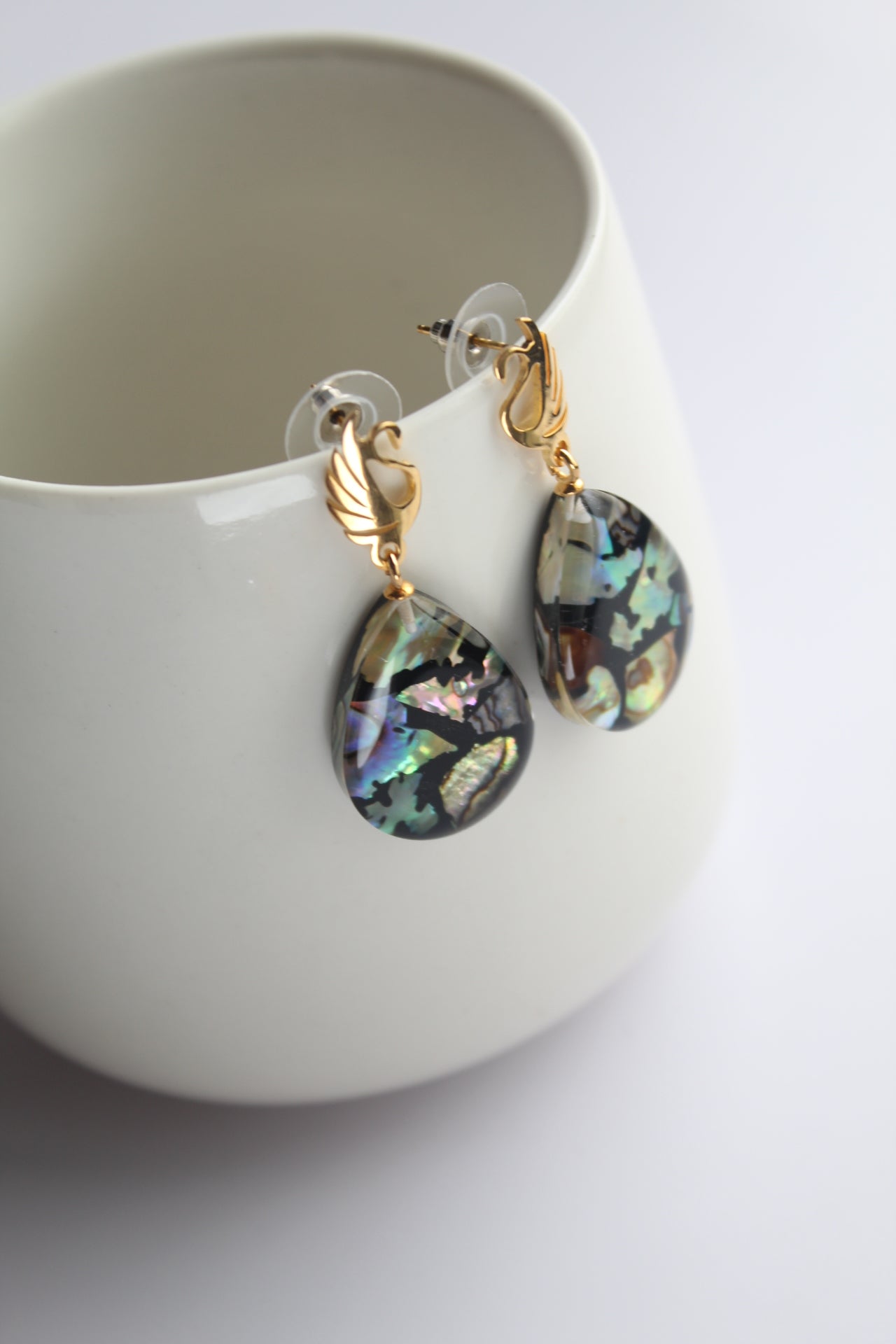 Water Drop Shaped Inlaid Abalone Shell (Brownish and Mottled Green) Earring #001