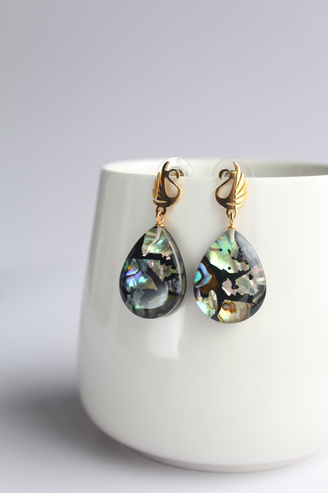 Water Drop Shaped Inlaid Abalone Shell (Brownish and Mottled Green) Earring #001