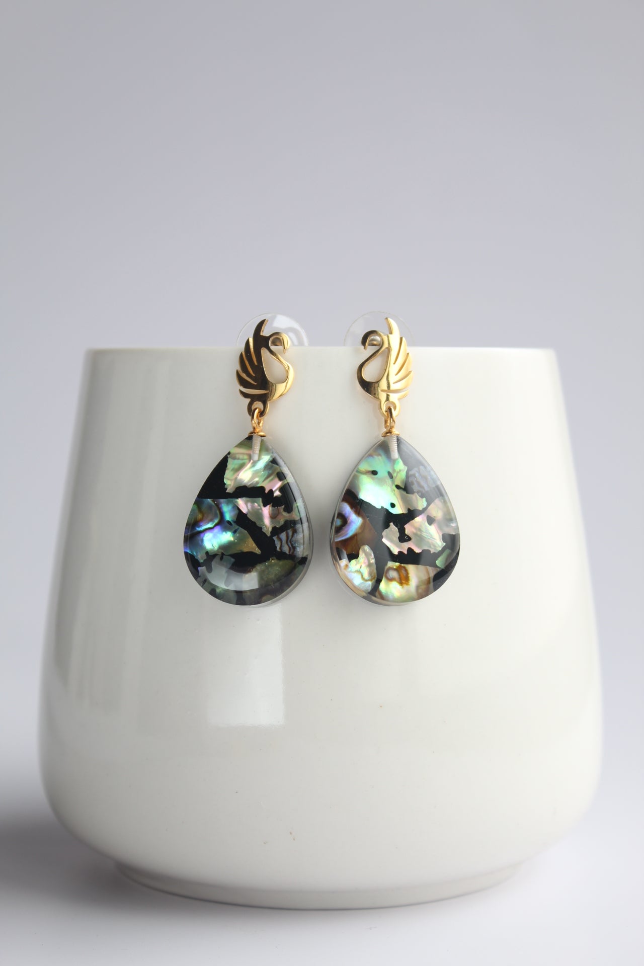 Water Drop Shaped Inlaid Abalone Shell (Brownish and Mottled Green) Earring #001