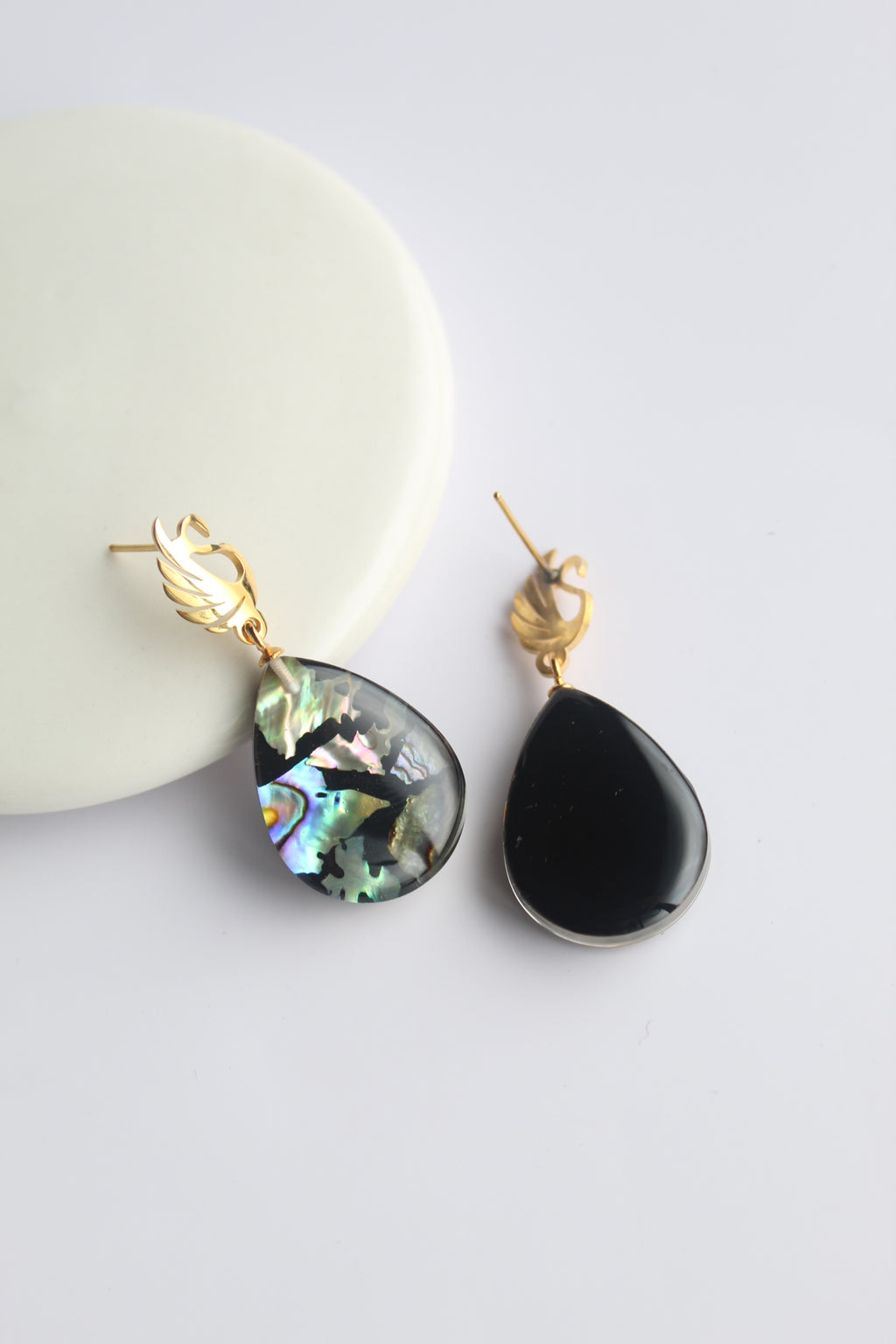 Water Drop Shaped Inlaid Abalone Shell (Brownish and Mottled Green) Earring #001