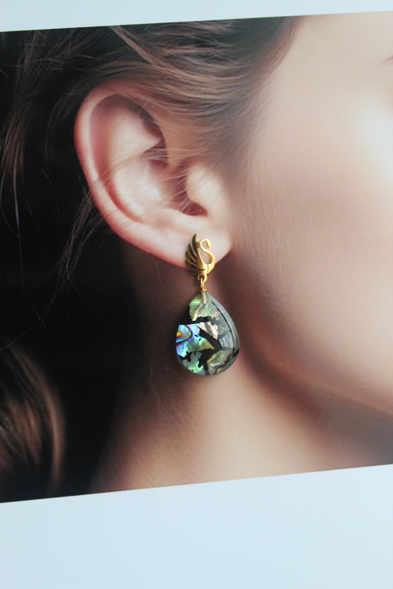 Water Drop Shaped Inlaid Abalone Shell (Brownish and Mottled Green) Earring #001