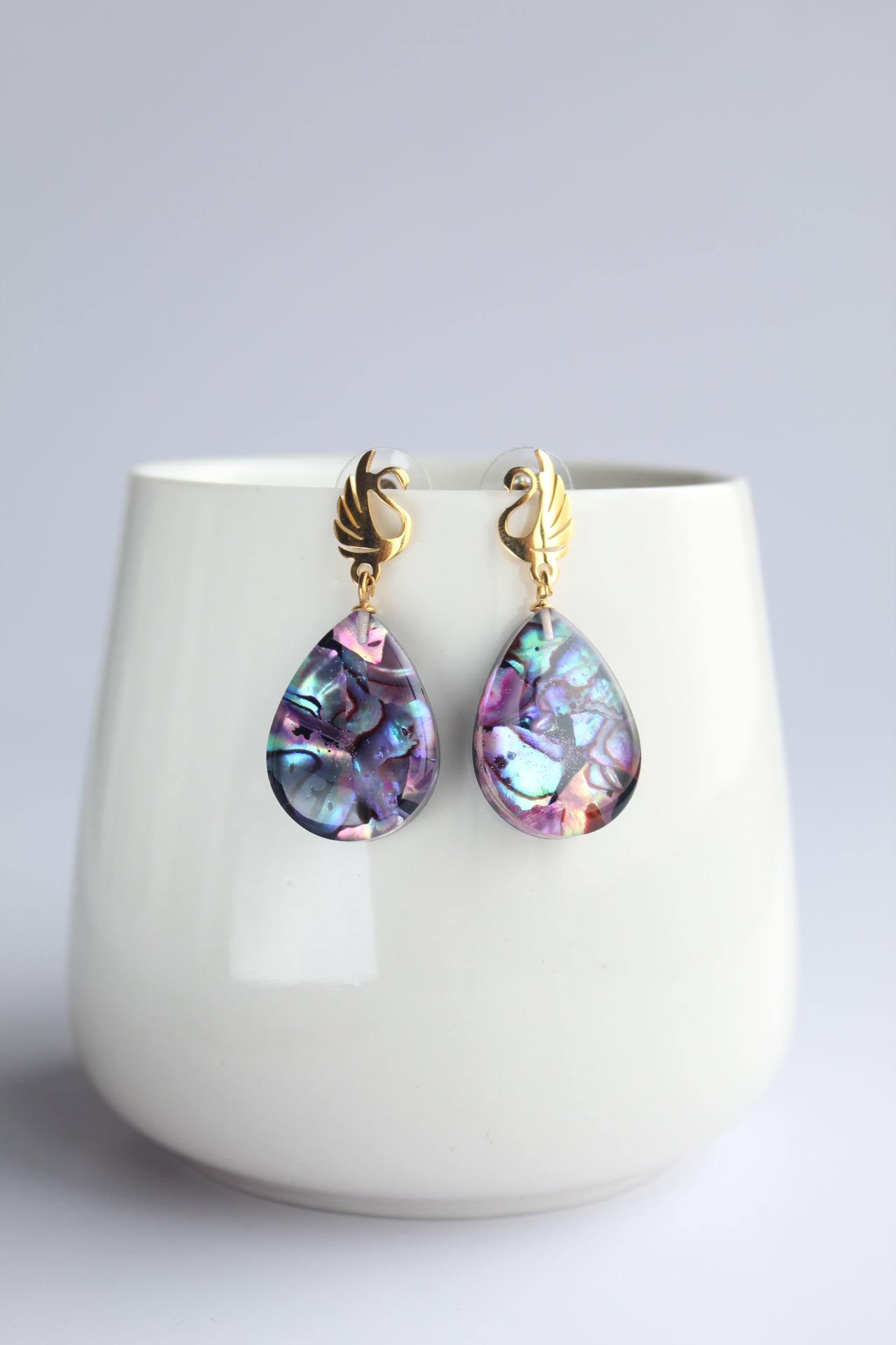 Water Drop Shaped Inlaid Abalone Shell (Purplish Pink and Mottled Green) Earring