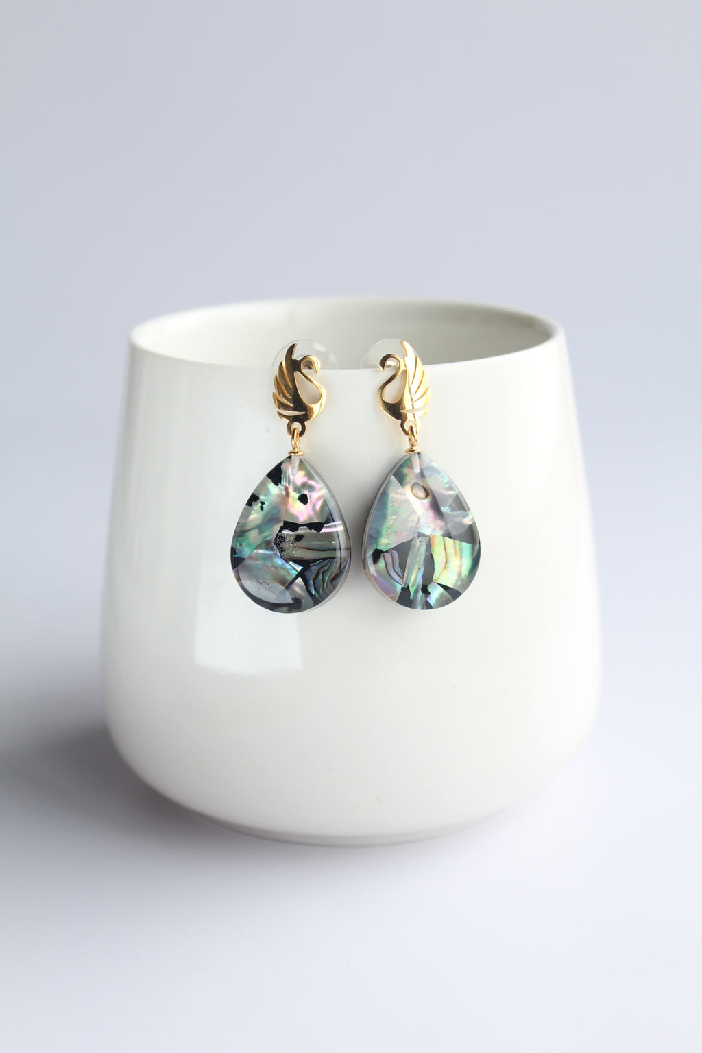 Water Drop Shaped Inlaid Abalone Shell (Brownish and Mottled Green) Earring #002