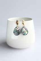 Water Drop Shaped Inlaid Abalone Shell (Brownish and Mottled Green) Earring #002