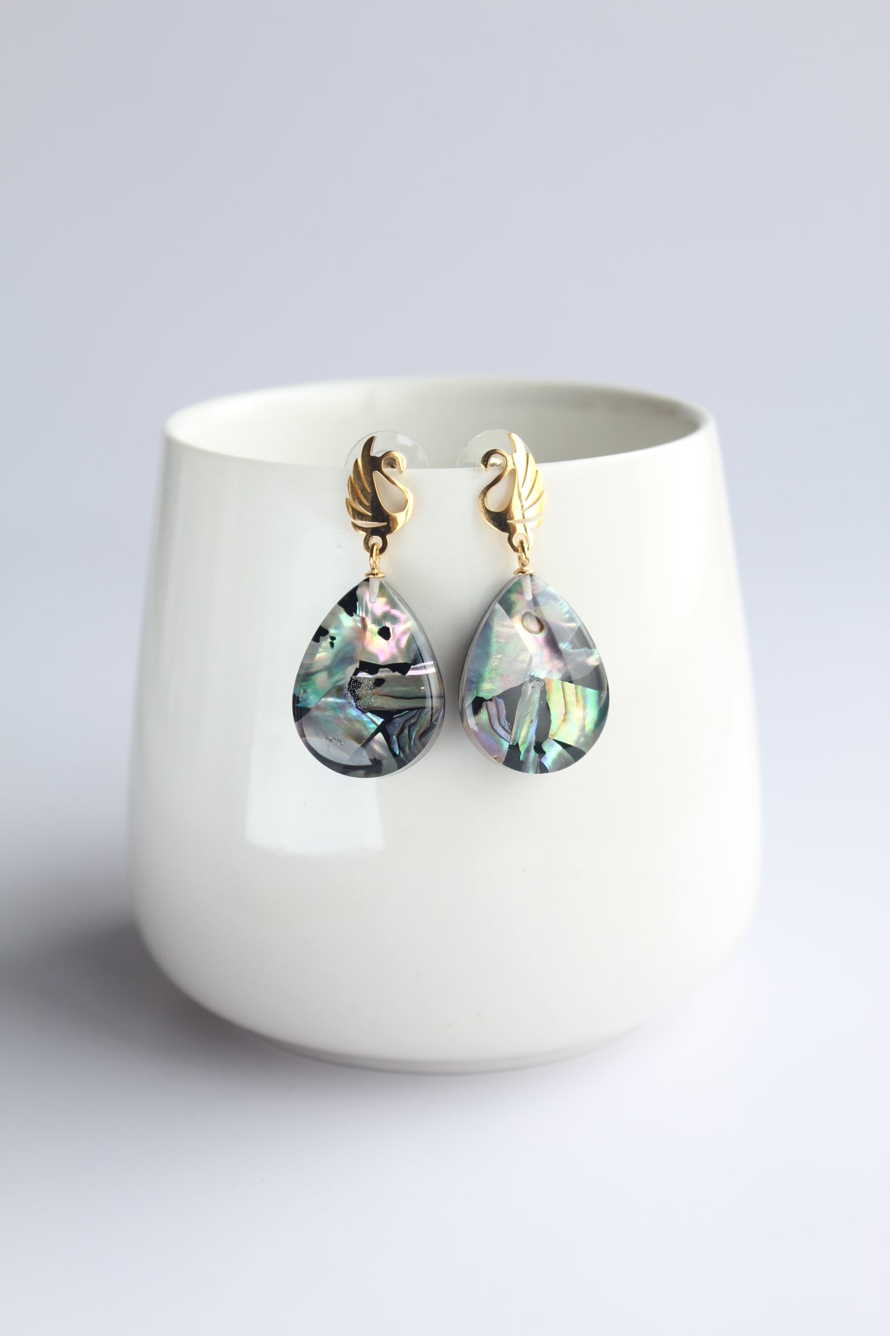 Water Drop Shaped Inlaid Abalone Shell (Brownish and Mottled Green) Earring #002