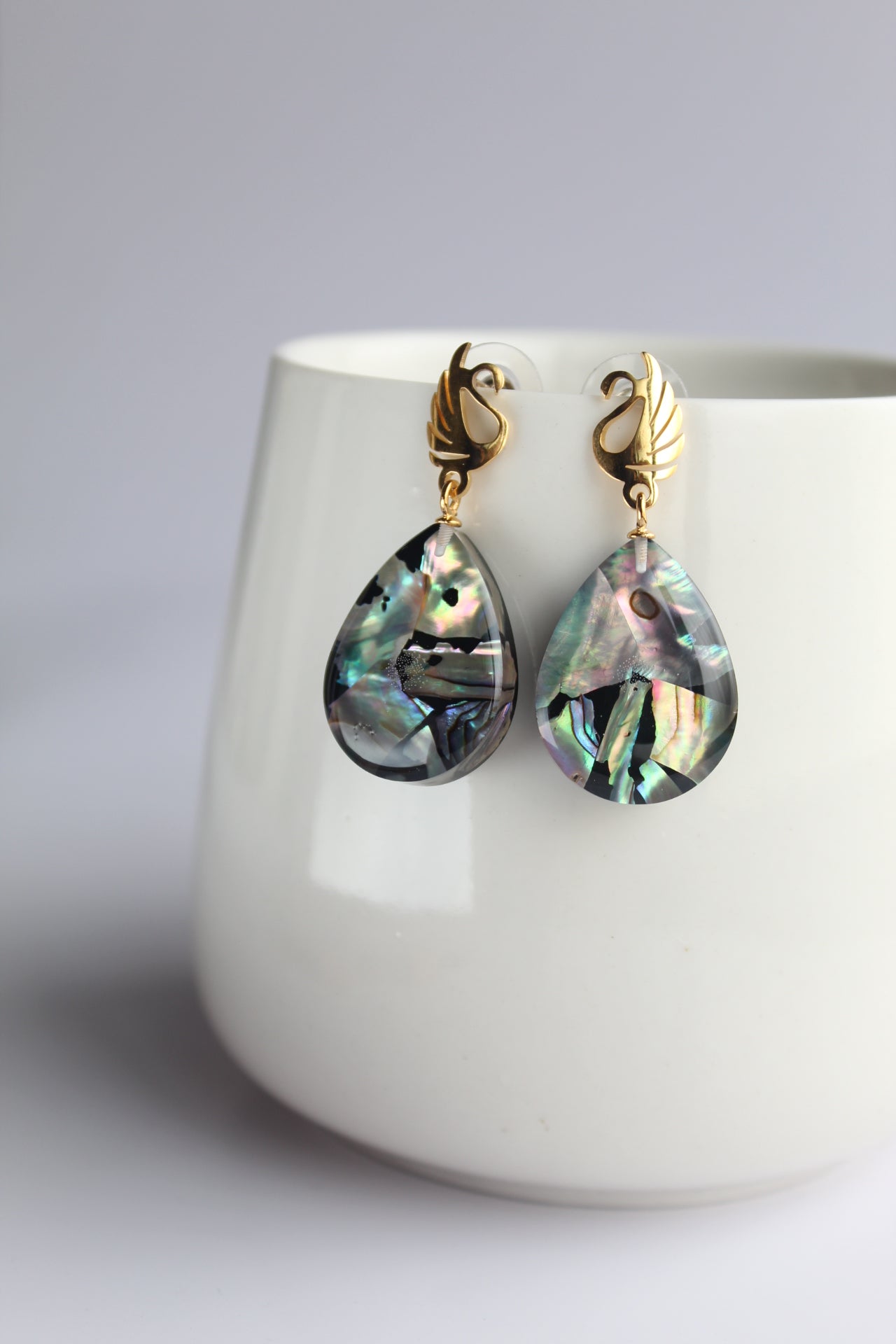 Water Drop Shaped Inlaid Abalone Shell (Brownish and Mottled Green) Earring #002