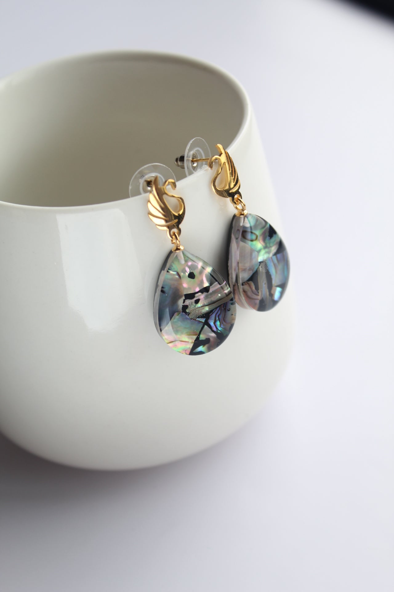 Water Drop Shaped Inlaid Abalone Shell (Brownish and Mottled Green) Earring #002