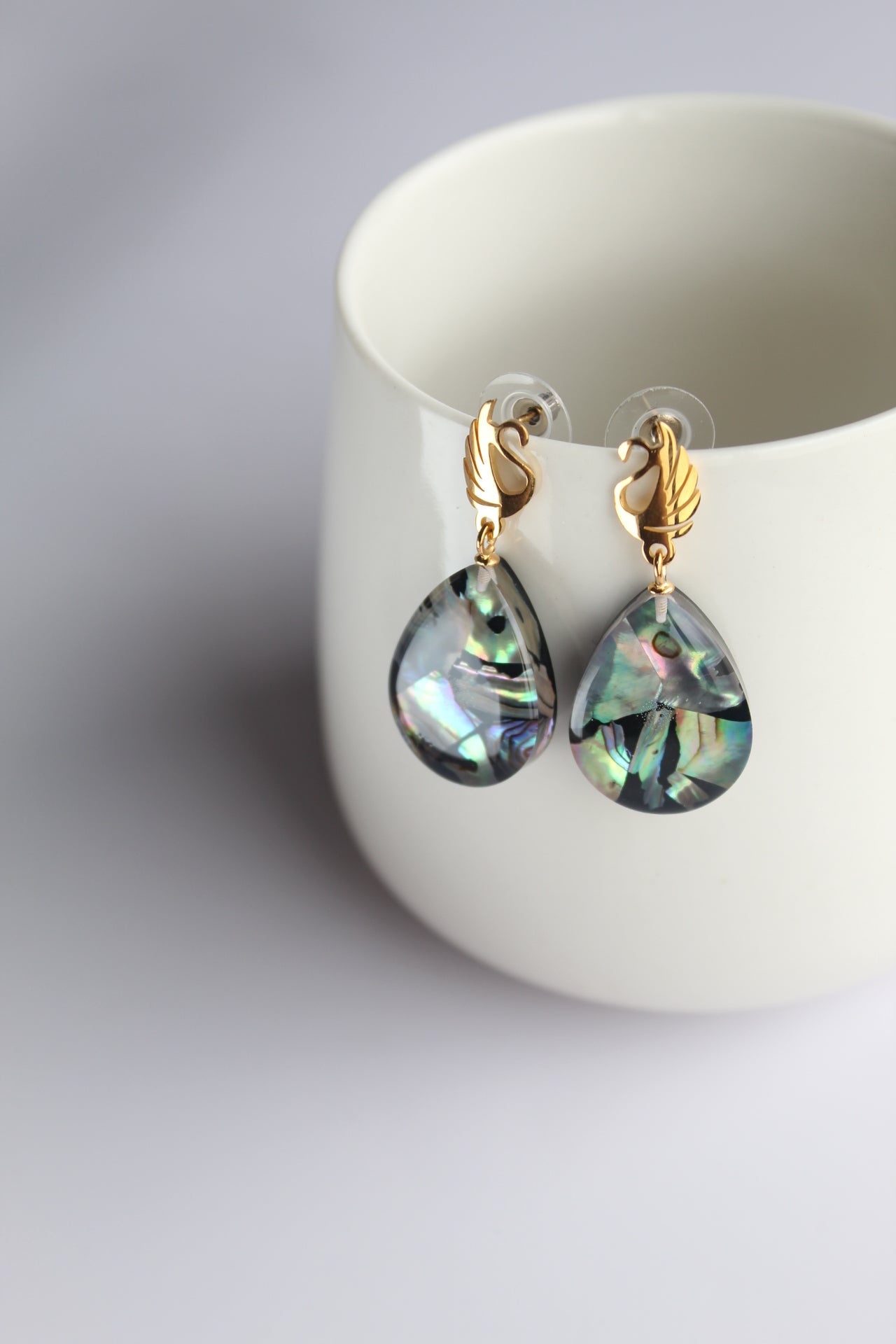 Water Drop Shaped Inlaid Abalone Shell (Brownish and Mottled Green) Earring #002