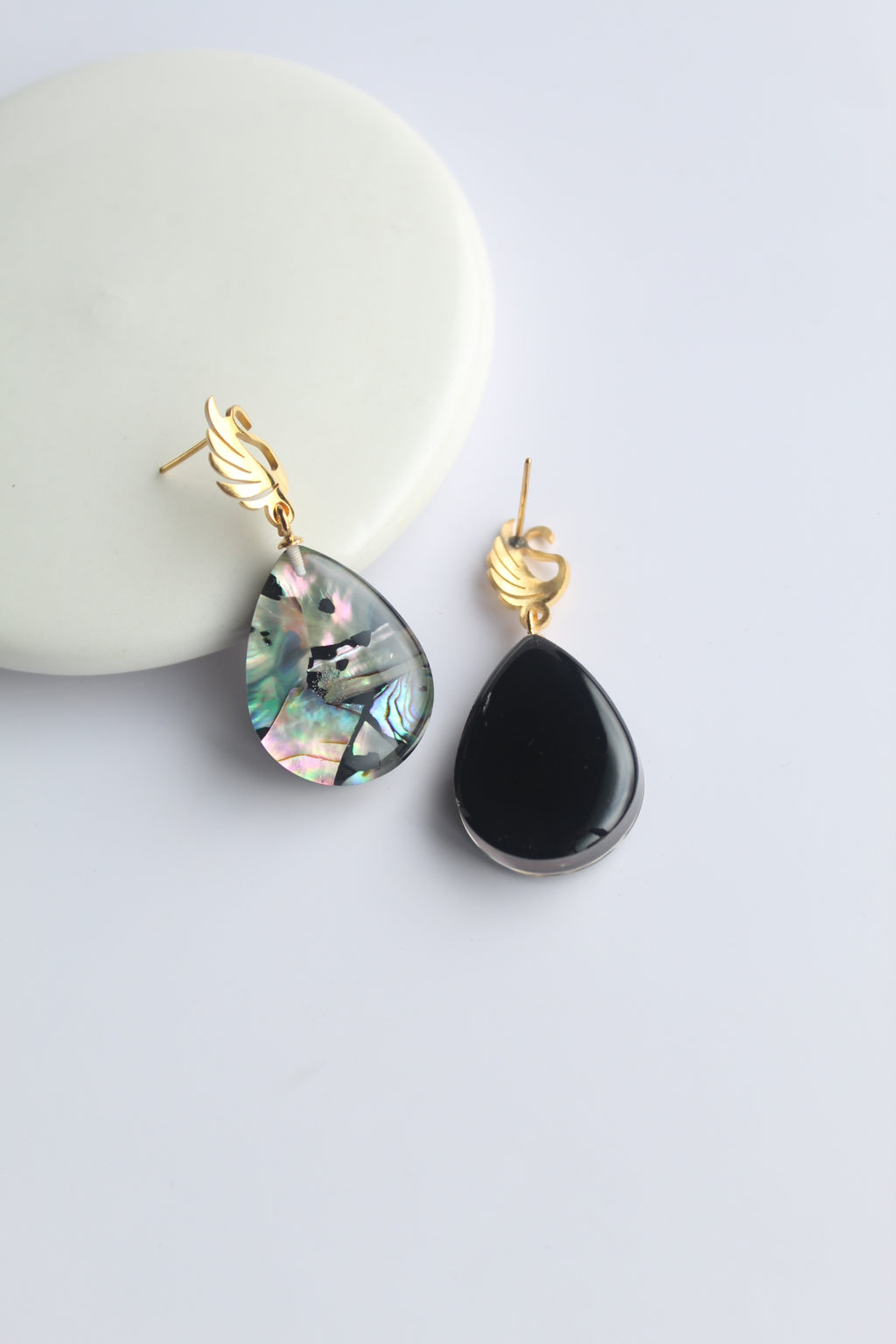 Water Drop Shaped Inlaid Abalone Shell (Brownish and Mottled Green) Earring #002