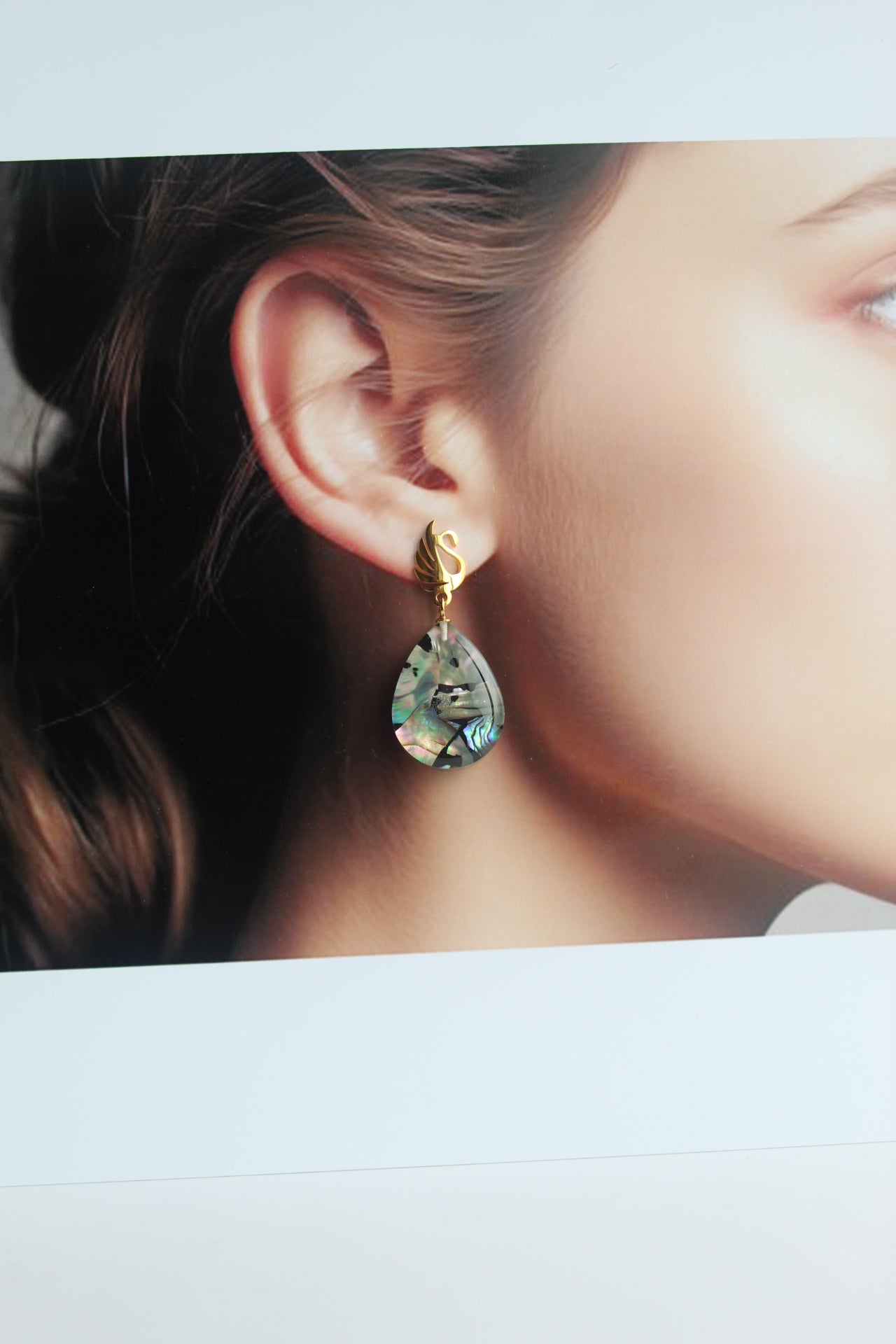 Water Drop Shaped Inlaid Abalone Shell (Brownish and Mottled Green) Earring #002