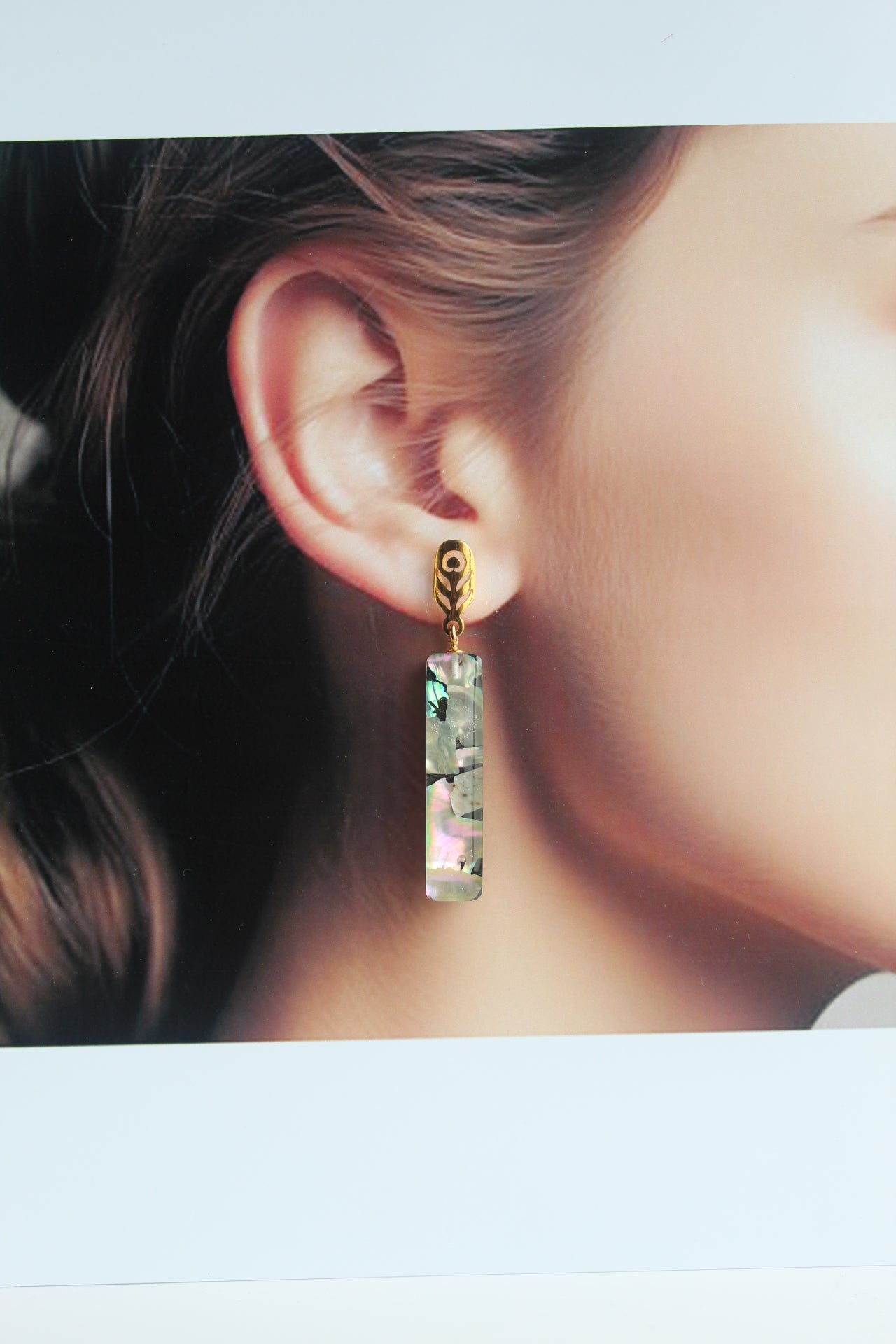 Rectangle Dangler Inlaid Abalone Shell (mottled greenish brown with scattered pink) Earring