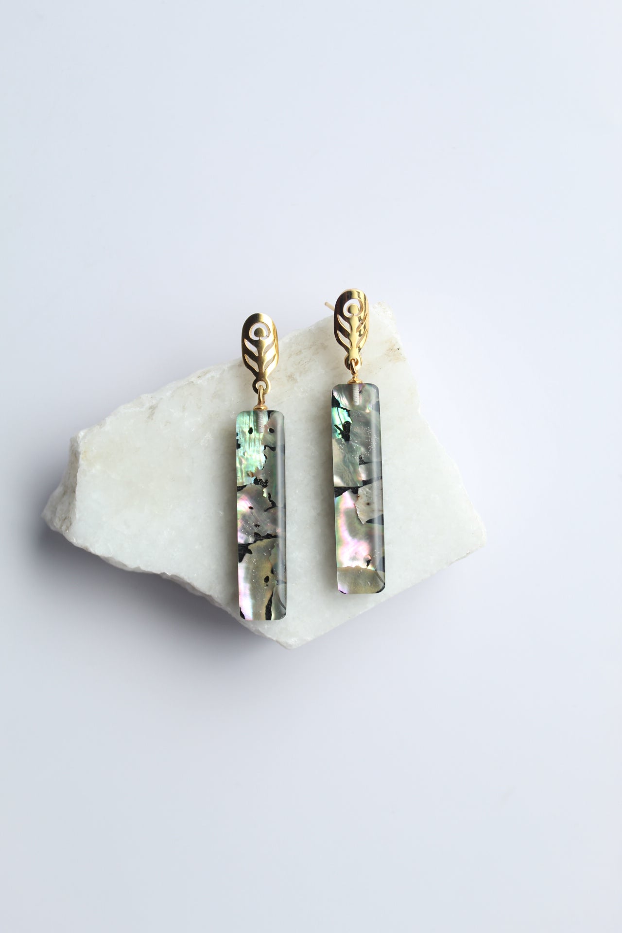 Rectangle Dangler Inlaid Abalone Shell (mottled greenish brown with scattered pink) Earring