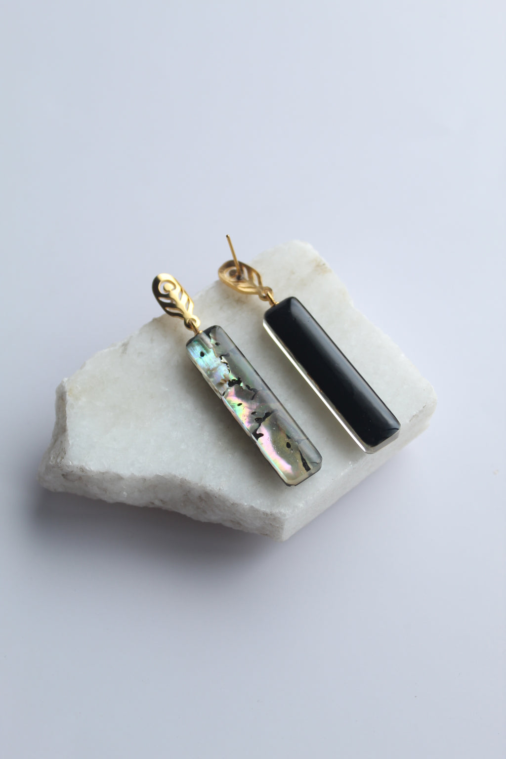 Rectangle Dangler Inlaid Abalone Shell (mottled greenish brown with scattered pink) Earring