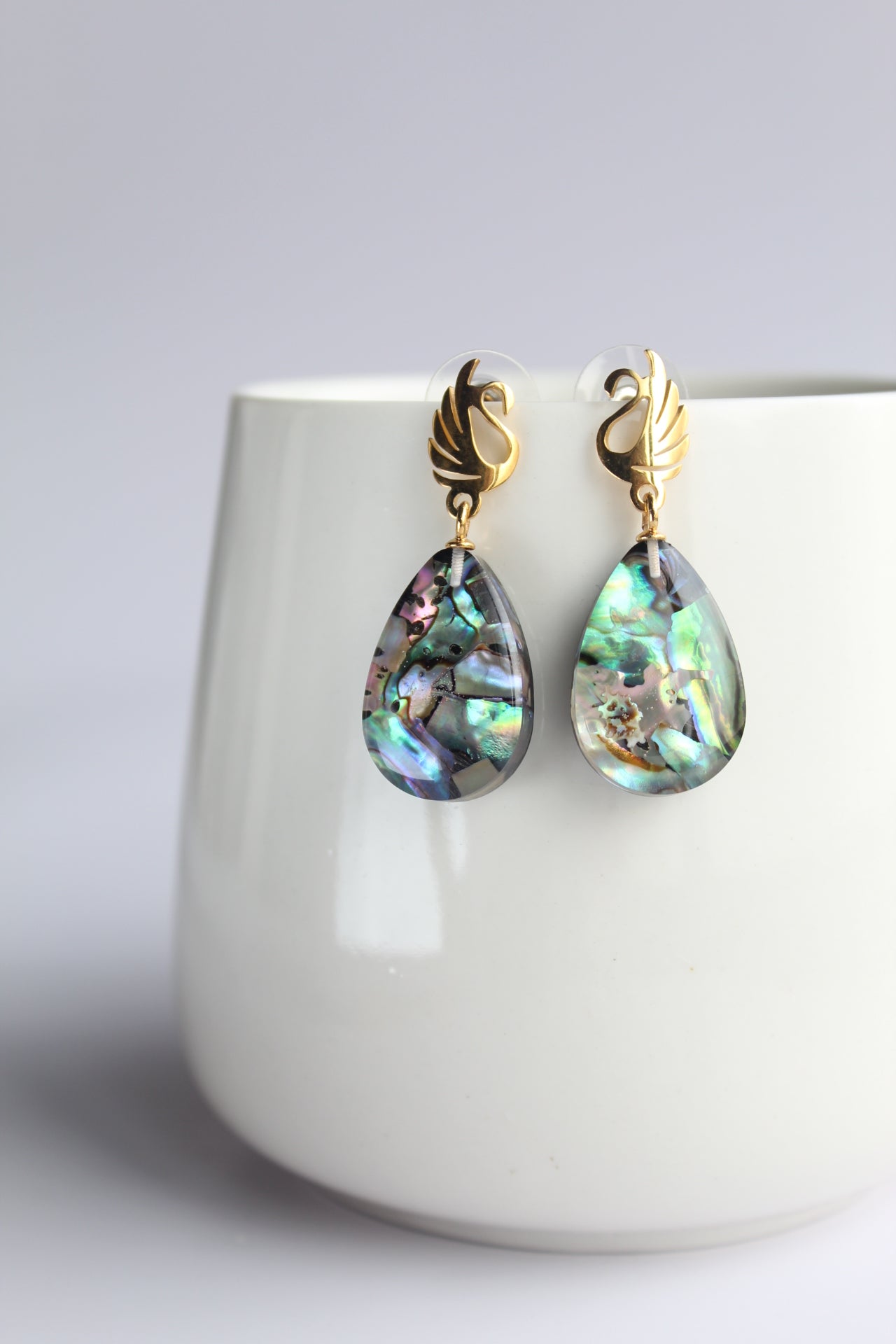 Water Drop Shaped Inlaid Abalone Shell (Brownish and Mottled Green) Earring #003