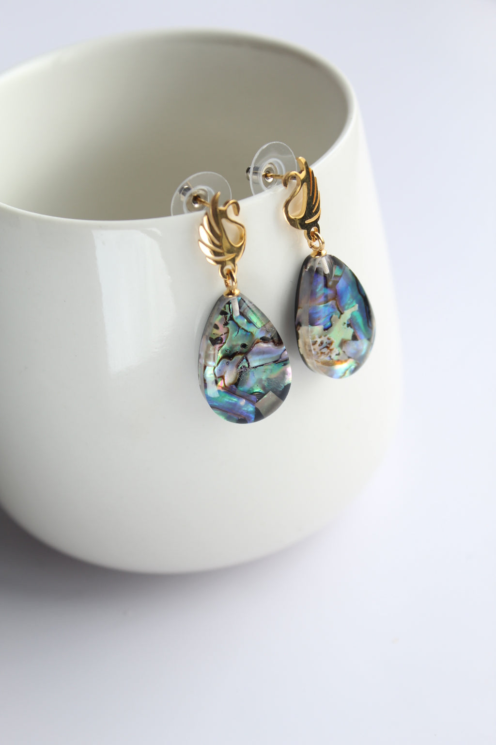 Water Drop Shaped Inlaid Abalone Shell (Brownish and Mottled Green) Earring #003