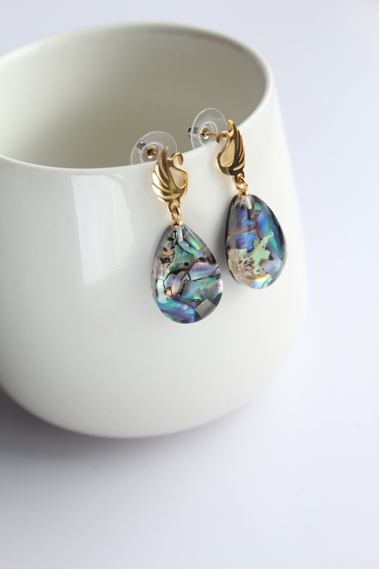 Water Drop Shaped Inlaid Abalone Shell (Brownish and Mottled Green) Earring #003