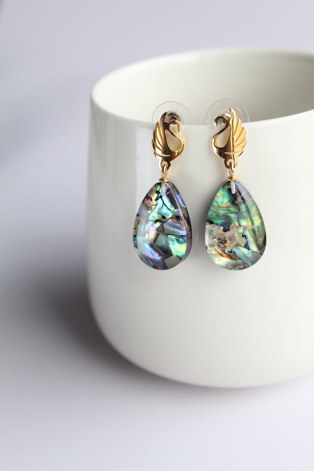 Water Drop Shaped Inlaid Abalone Shell (Brownish and Mottled Green) Earring #003