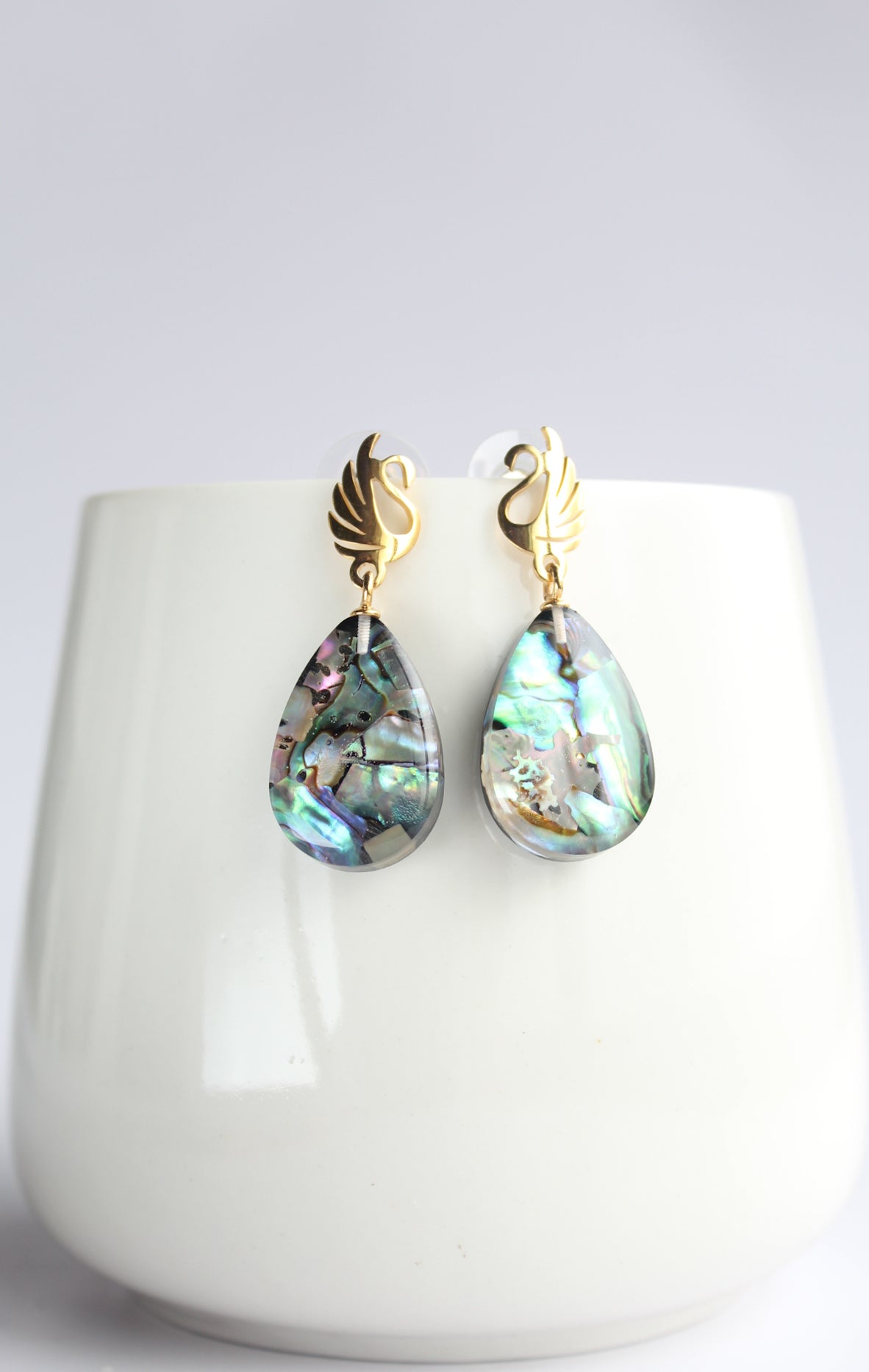 Water Drop Shaped Inlaid Abalone Shell (Brownish and Mottled Green) Earring #003