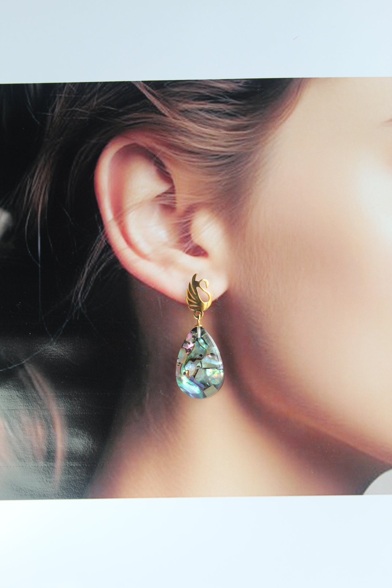 Water Drop Shaped Inlaid Abalone Shell (Brownish and Mottled Green) Earring #003